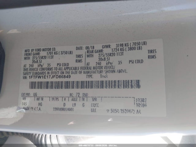 Продаж на аукціоні авто 2018 Ford F-150 Lariat, vin: 1FTFW1E17JFD86849, номер лоту: 46078733