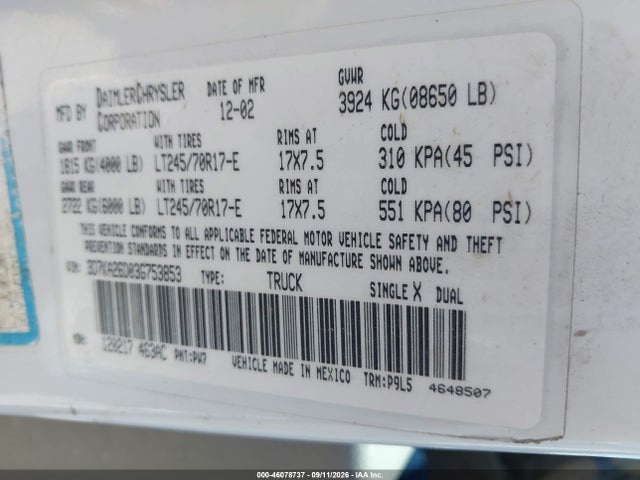 46078737 :رقم المزاد ، 3D7KA26D03G753853 vin ، 2003 Dodge Ram 2500 Slt/laramie/st مزاد بيع