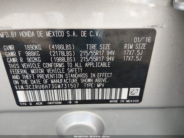 Продажа на аукционе авто 2016 Honda Hr-v Ex-l, vin: 3CZRU6H73GM731507, номер лота: 46078789