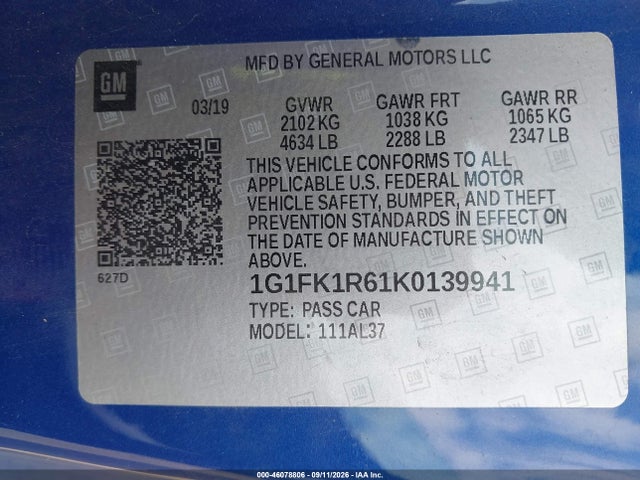 Продаж на аукціоні авто 2019 Chevrolet Camaro Zl1, vin: 1G1FK1R61K0139941, номер лоту: 46078806
