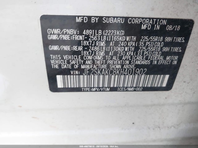 2019 Subaru Forester Sport მანქანა იყიდება აუქციონზე, vin: JF2SKAKC8KH401902, აუქციონის ნომერი: 46078815