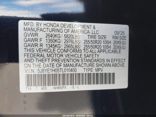 Продаж на аукціоні авто 2026 Acura Mdx A-spec, vin: 5J8YE1H05TL010400, номер лоту: 46078818