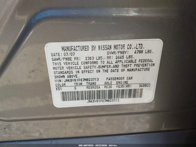 2007 Infiniti G35x მანქანა იყიდება აუქციონზე, vin: JNKBV61F67M823713, აუქციონის ნომერი: 46078825
