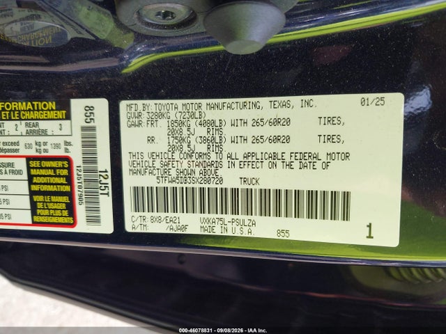 2025 Toyota Tundra Limited მანქანა იყიდება აუქციონზე, vin: 5TFWA5DB3SX280720, აუქციონის ნომერი: 46078831