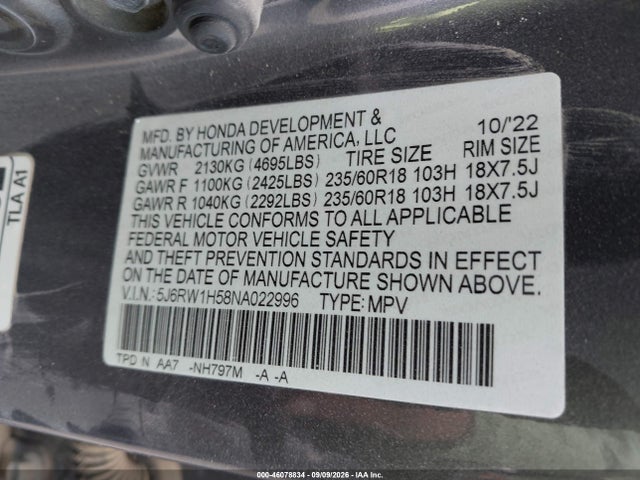 Продажа на аукционе авто 2022 Honda Cr-v 2wd Ex, vin: 5J6RW1H58NA022996, номер лота: 46078834