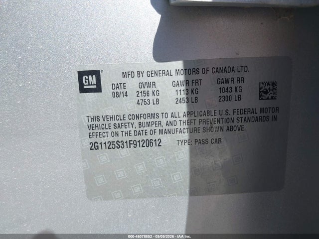 Aukcja sprzedaży 2015 Chevrolet Impala 2lt, vin: 2G1125S31F9120612, numer aukcji: 46078852
