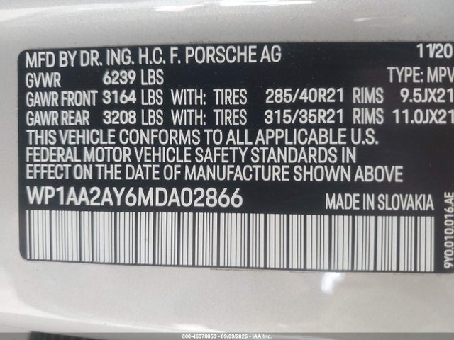 Aukcja sprzedaży 2021 Porsche Cayenne, vin: WP1AA2AY6MDA02866, numer aukcji: 46078853