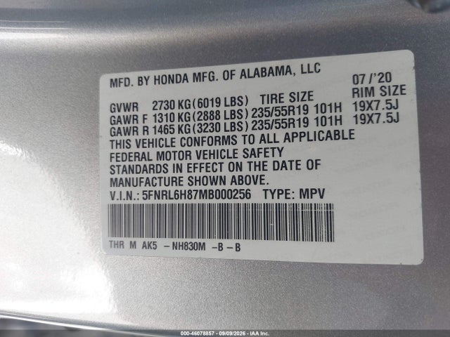Aukcja sprzedaży 2021 Honda Odyssey Touring, vin: 5FNRL6H87MB000256, numer aukcji: 46078857