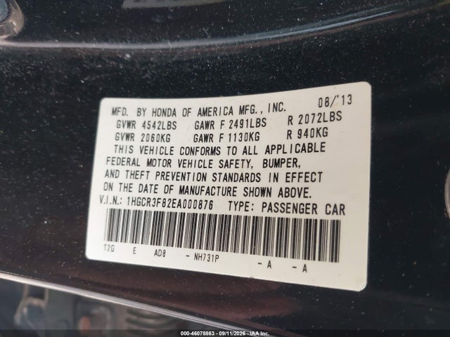 46078863 :رقم المزاد ، 1HGCR3F82EA000876 vin ، 2014 Honda Accord Ex-l V-6 مزاد بيع