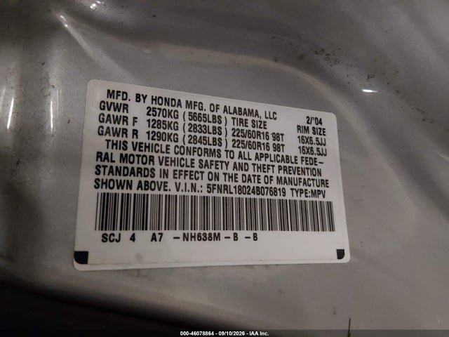 Aukcja sprzedaży 2004 Honda Odyssey Ex-l, vin: 5FNRL18024B076819, numer aukcji: 46078864