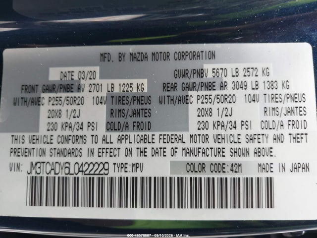 Продаж на аукціоні авто 2020 Mazda Cx-9 Grand Touring, vin: JM3TCADY6L0422229, номер лоту: 46078887
