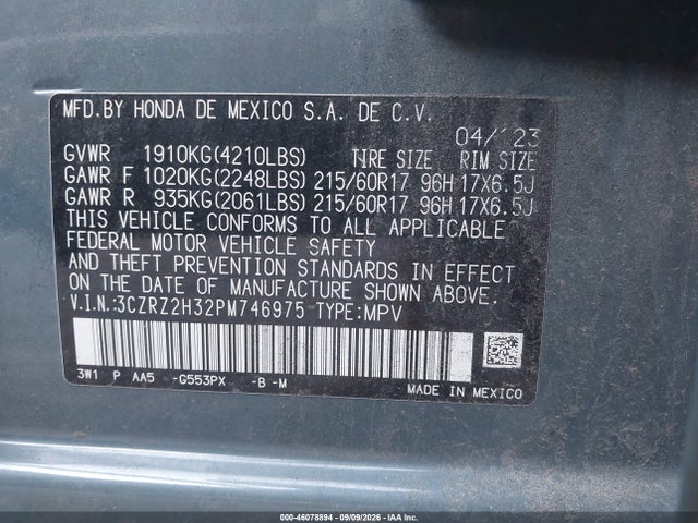 Aukcja sprzedaży 2023 Honda Hr-v Awd Lx, vin: 3CZRZ2H32PM746975, numer aukcji: 46078894