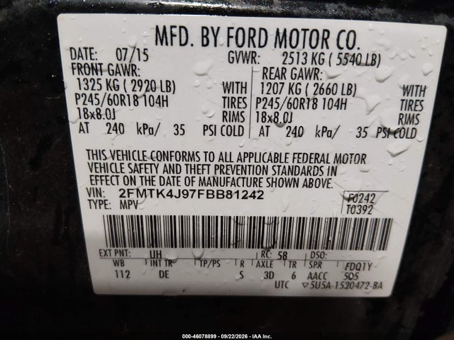 Aukcja sprzedaży 2015 Ford Edge Sel, vin: 2FMTK4J97FBB81242, numer aukcji: 46078899