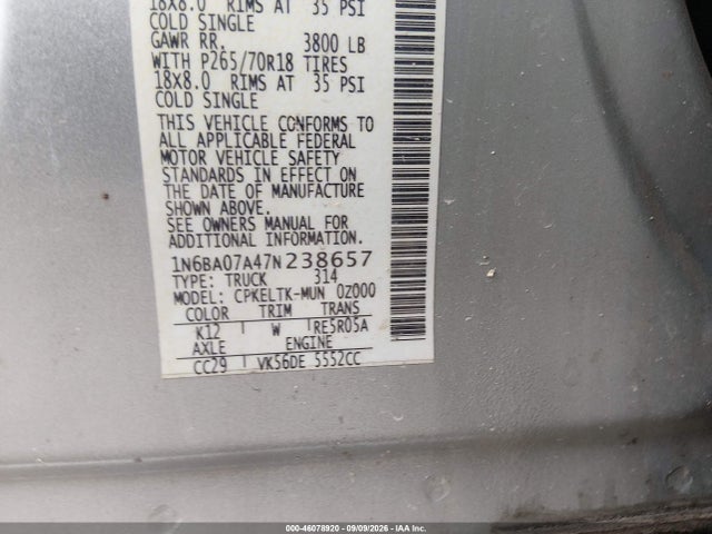 Aukcja sprzedaży 2007 Nissan Titan Se, vin: 1N6BA07A47N238657, numer aukcji: 46078920