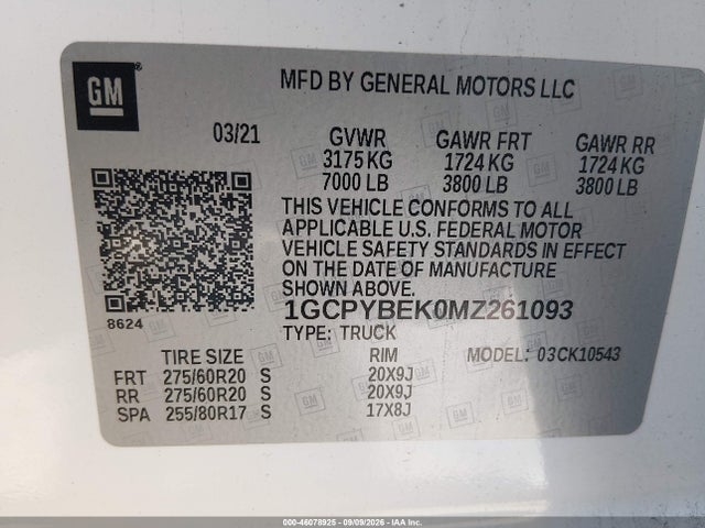 2021 Chevrolet Silverado 1500 4wd  Short Bed Custom მანქანა იყიდება აუქციონზე, vin: 1GCPYBEK0MZ261093, აუქციონის ნომერი: 46078925