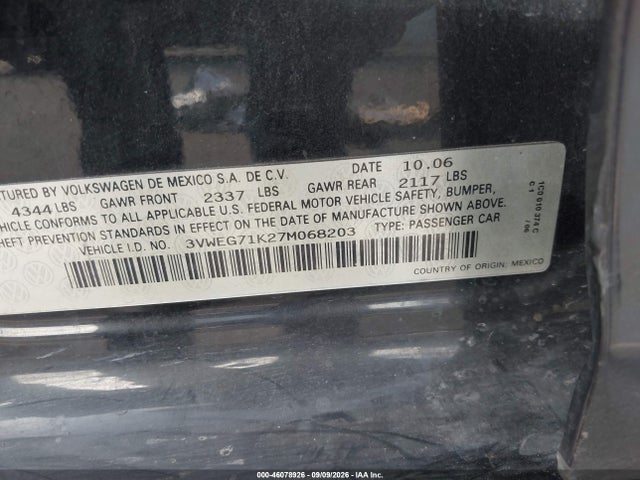 Aukcja sprzedaży 2007 Volkswagen Jetta Wolfsburg Edition, vin: 3VWEG71K27M068203, numer aukcji: 46078926