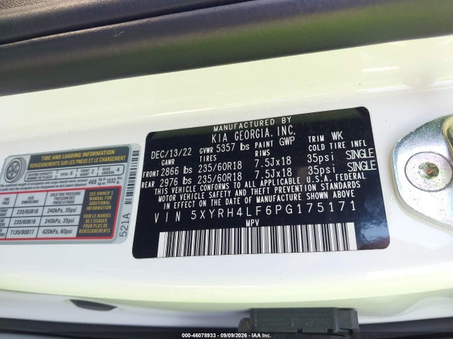 Продажа на аукционе авто 2023 Kia Sorento Ex, vin: 5XYRH4LF6PG175171, номер лота: 46078933