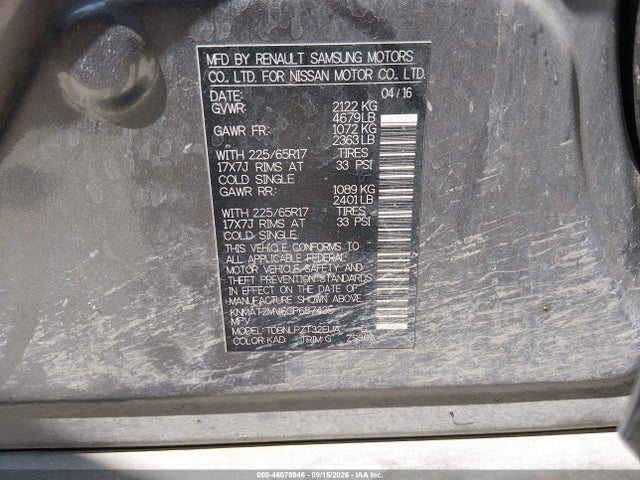 KNMAT2MV6GP687435 Nissan Rogue S/sl/sv