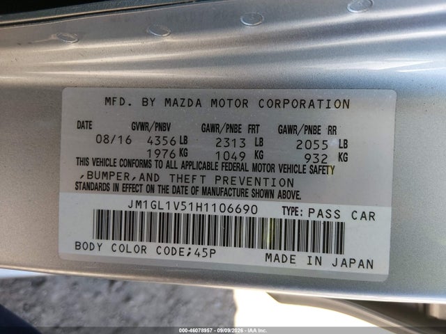 46078957 :رقم المزاد ، JM1GL1V51H1106690 vin ، 2017 Mazda Mazda6 Touring مزاد بيع