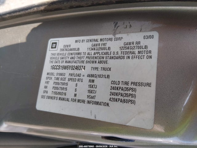 46078960 :رقم المزاد ، 1GCCS19W6Y8246374 vin ، 2000 Chevrolet S-10 Ls مزاد بيع