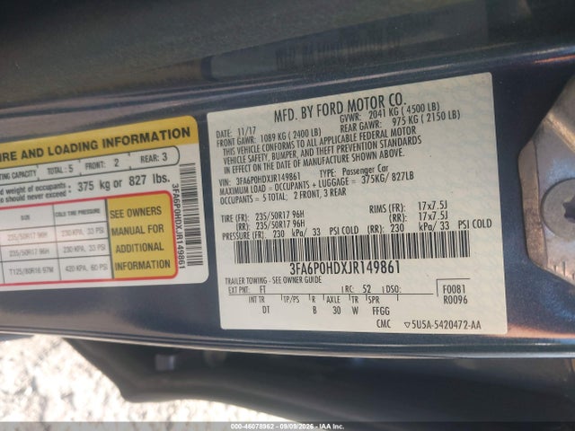 Продажа на аукционе авто 2018 Ford Fusion Se, vin: 3FA6P0HDXJR149861, номер лота: 46078962