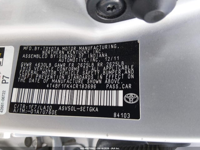 46078963 :رقم المزاد ، 4T4BF1FK4CR183696 vin ، 2012 Toyota Camry Xle مزاد بيع