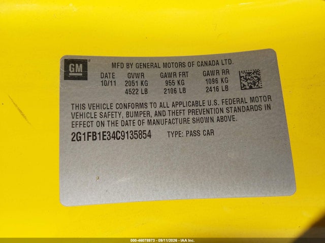 46078973 :رقم المزاد ، 2G1FB1E34C9135854 vin ، 2012 Chevrolet Camaro 1lt مزاد بيع