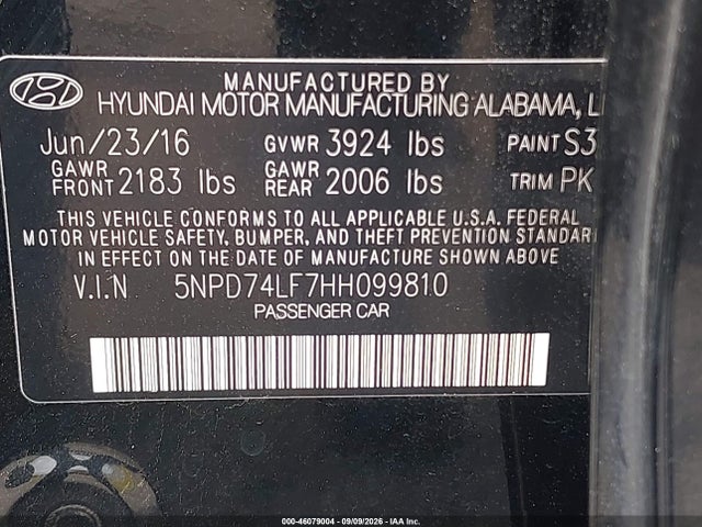 2017 Hyundai Elantra Se მანქანა იყიდება აუქციონზე, vin: 5NPD74LF7HH099810, აუქციონის ნომერი: 46079004