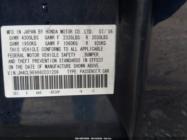 Aukcja sprzedaży 2006 Acura Tsx, vin: JH4CL96986C031209, numer aukcji: 46079006