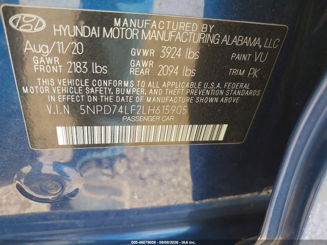 46079008 :رقم المزاد ، 5NPD74LF2LH615905 vin ، 2020 Hyundai Elantra Se مزاد بيع