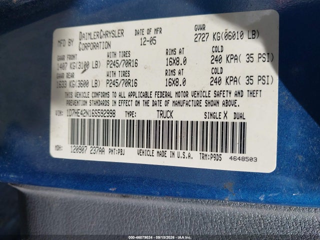 Aukcja sprzedaży 2006 Dodge Dakota Slt, vin: 1D7HE42N16S592998, numer aukcji: 46079024