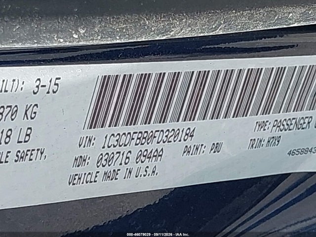 2015 Dodge Dart Sxt მანქანა იყიდება აუქციონზე, vin: 1C3CDFBB0FD320184, აუქციონის ნომერი: 46079029