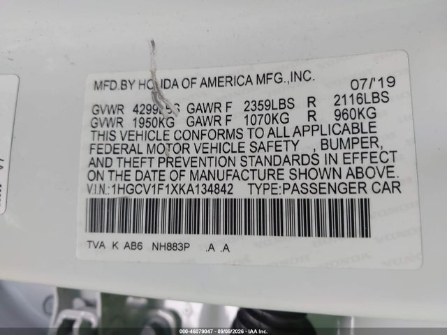 Aukcja sprzedaży 2019 Honda Accord Lx, vin: 1HGCV1F1XKA134842, numer aukcji: 46079047