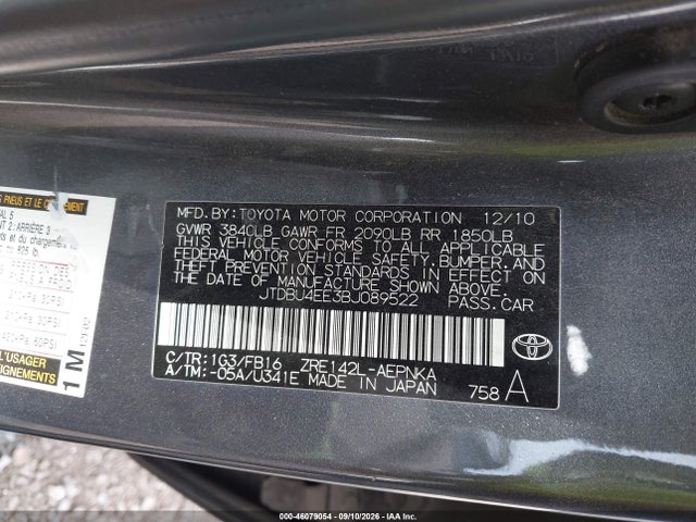 2011 Toyota Corolla Le მანქანა იყიდება აუქციონზე, vin: JTDBU4EE3BJ089522, აუქციონის ნომერი: 46079054