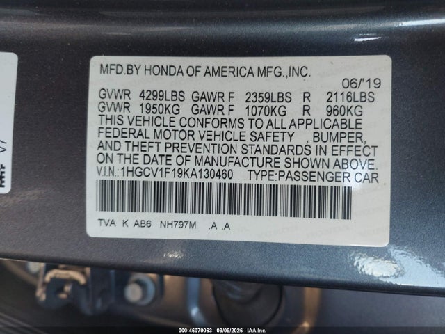 2019 Honda Accord Lx მანქანა იყიდება აუქციონზე, vin: 1HGCV1F19KA130460, აუქციონის ნომერი: 46079063