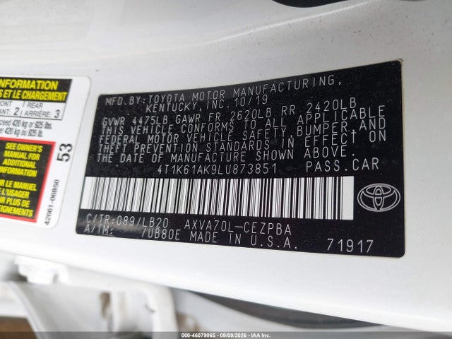 Продажа на аукционе авто 2020 Toyota Camry Xse, vin: 4T1K61AK9LU873851, номер лота: 46079065