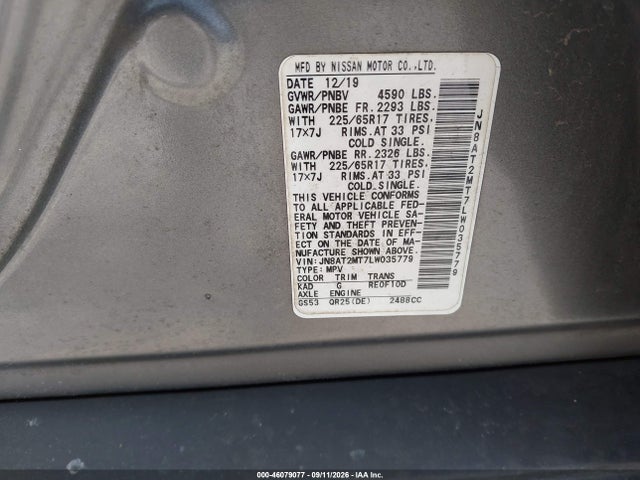 2020 Nissan Rogue S Fwd მანქანა იყიდება აუქციონზე, vin: JN8AT2MT7LW035779, აუქციონის ნომერი: 46079077