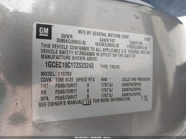 Продаж на аукціоні авто 2007 Chevrolet Silverado 1500 Lt1, vin: 1GCEC19C17Z523243, номер лоту: 46079078