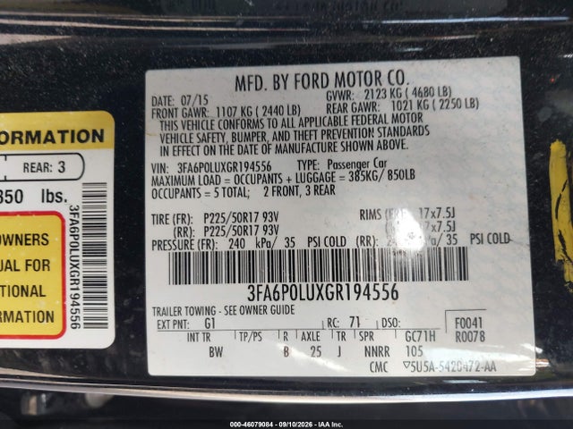 46079084 :رقم المزاد ، 3FA6P0LUXGR194556 vin ، 2016 Ford Fusion Hybrid Se مزاد بيع