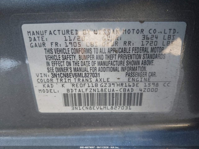 Продажа на аукционе авто 2021 Nissan Versa Sv Xtronic Cvt, vin: 3N1CN8EV6ML827031, номер лота: 46079097