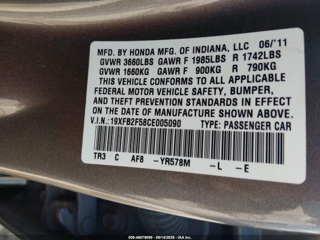 2012 Honda Civic Lx მანქანა იყიდება აუქციონზე, vin: 19XFB2F58CE005090, აუქციონის ნომერი: 46079099