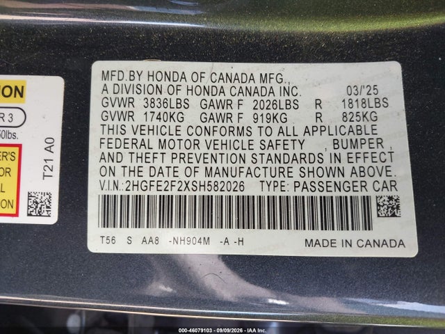 Honda Civic Lx 2025 2HGFE2F2XSH582026 Image 9