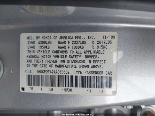 Aukcja sprzedaży 2010 Honda Accord 2.4 Lx-p, vin: 1HGCP2F42AA056582, numer aukcji: 46079104