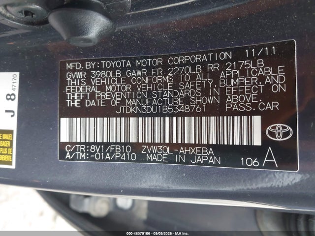 2011 Toyota Prius Three მანქანა იყიდება აუქციონზე, vin: JTDKN3DU1B5348761, აუქციონის ნომერი: 46079106