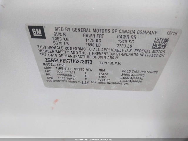 46079117 :رقم المزاد ، 2GNFLFEK7H6273073 vin ، 2017 Chevrolet Equinox Lt مزاد بيع