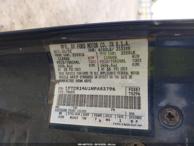 1992 Ford Ranger Super Cab მანქანა იყიდება აუქციონზე, vin: 1FTCR14U1NPA83796, აუქციონის ნომერი: 46079125