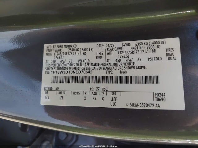 2022 Ford F-350 Platinum მანქანა იყიდება აუქციონზე, vin: 1FT8W3DT0NED70642, აუქციონის ნომერი: 46079152
