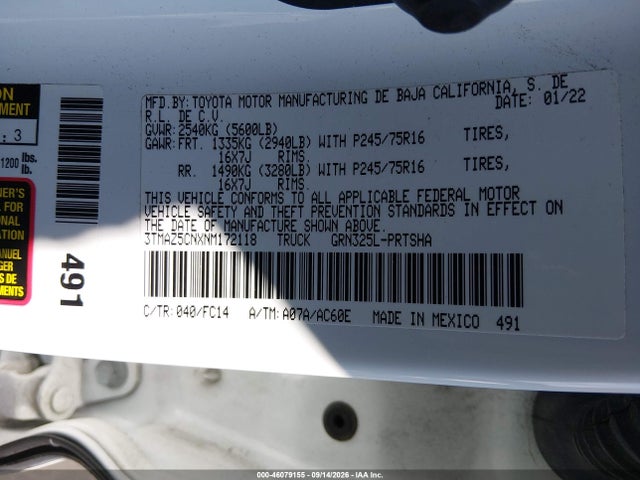 2022 Toyota Tacoma Sr5 V6 მანქანა იყიდება აუქციონზე, vin: 3TMAZ5CNXNM172118, აუქციონის ნომერი: 46079155