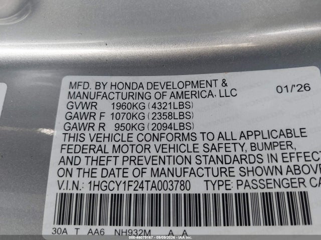 1HGCY1F24TA003780 Honda ACCORD LX