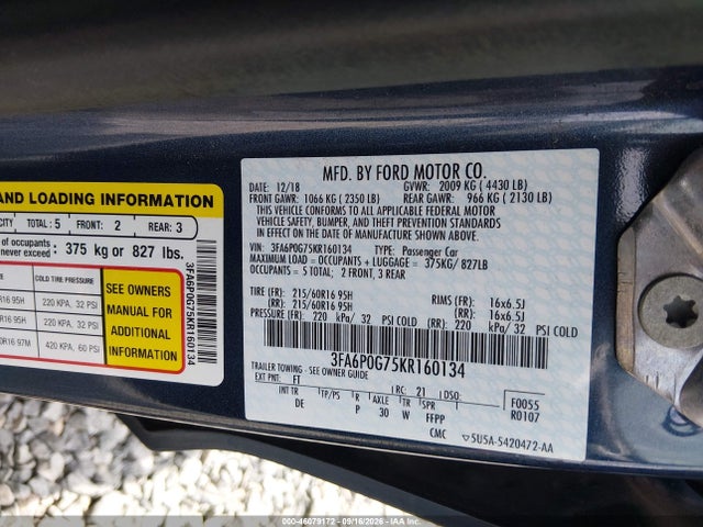 46079172 :رقم المزاد ، 3FA6P0G75KR160134 vin ، 2019 Ford Fusion S مزاد بيع
